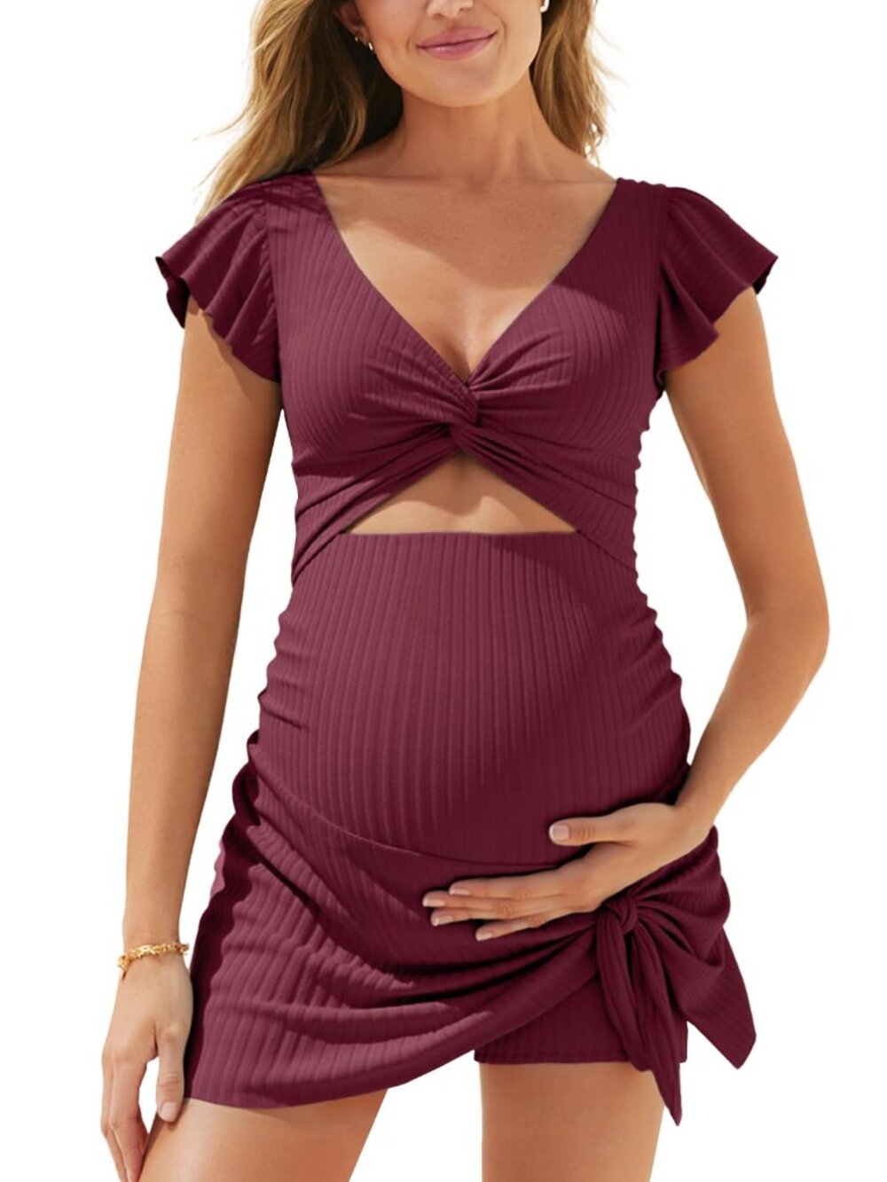 Summer Mae Ribbed Maternity One Piece Swimsuit Dress Cutout with Pockets Size 16
